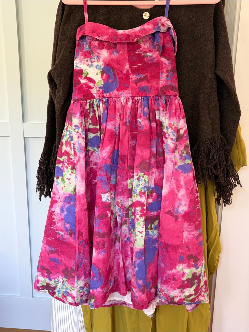 Bright Pink Floral Tie-Dye Midi Dress with halter Strap